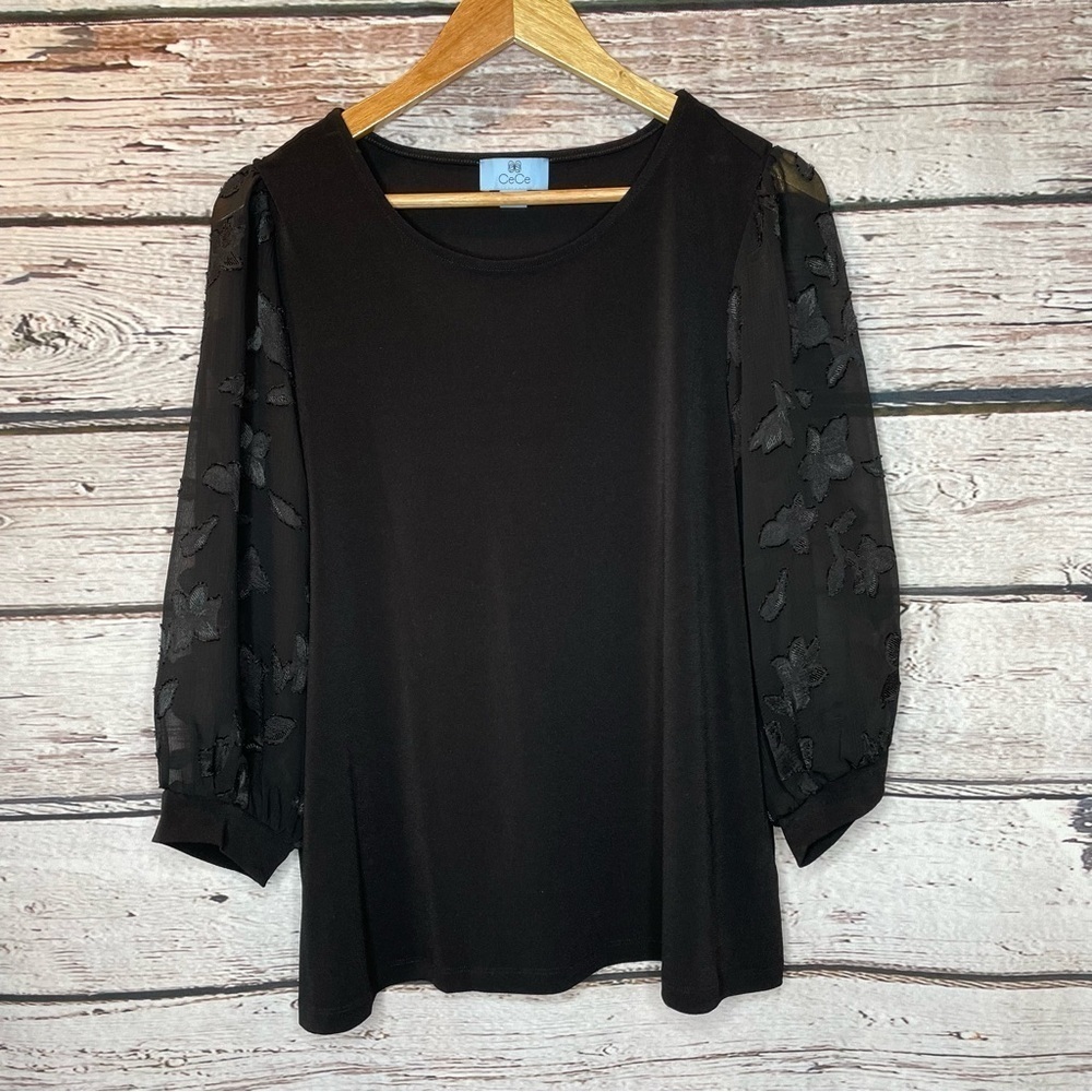 CeCe Black Mixed Media 3/4 Sleeve Round Neck Knit Blouse Sheer Sleeve Size Large